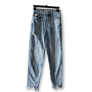 Zara Ripped Distressed High Rise Button Fly Straight Fit Mom Jeans Size: 0/24